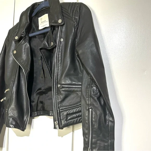 Mango Black Leather Crop Biker Jacket - Picture 2 of 4